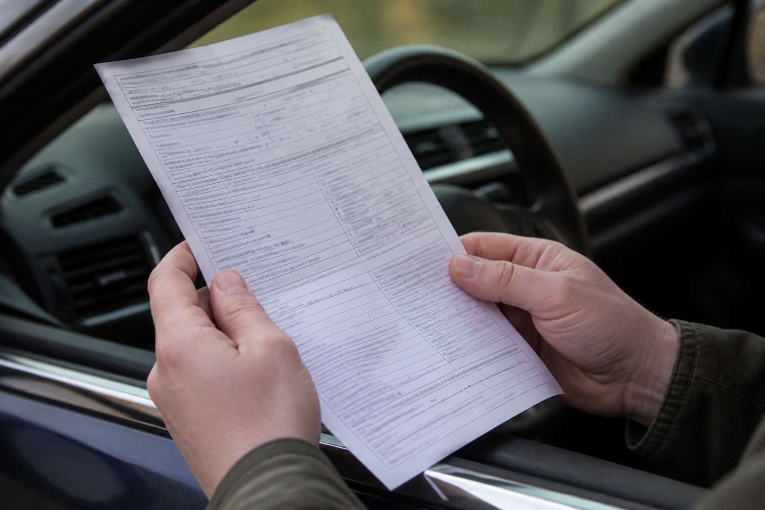 Motorista analisando documento de multa